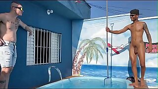 2 heteros batendo uma na piscina